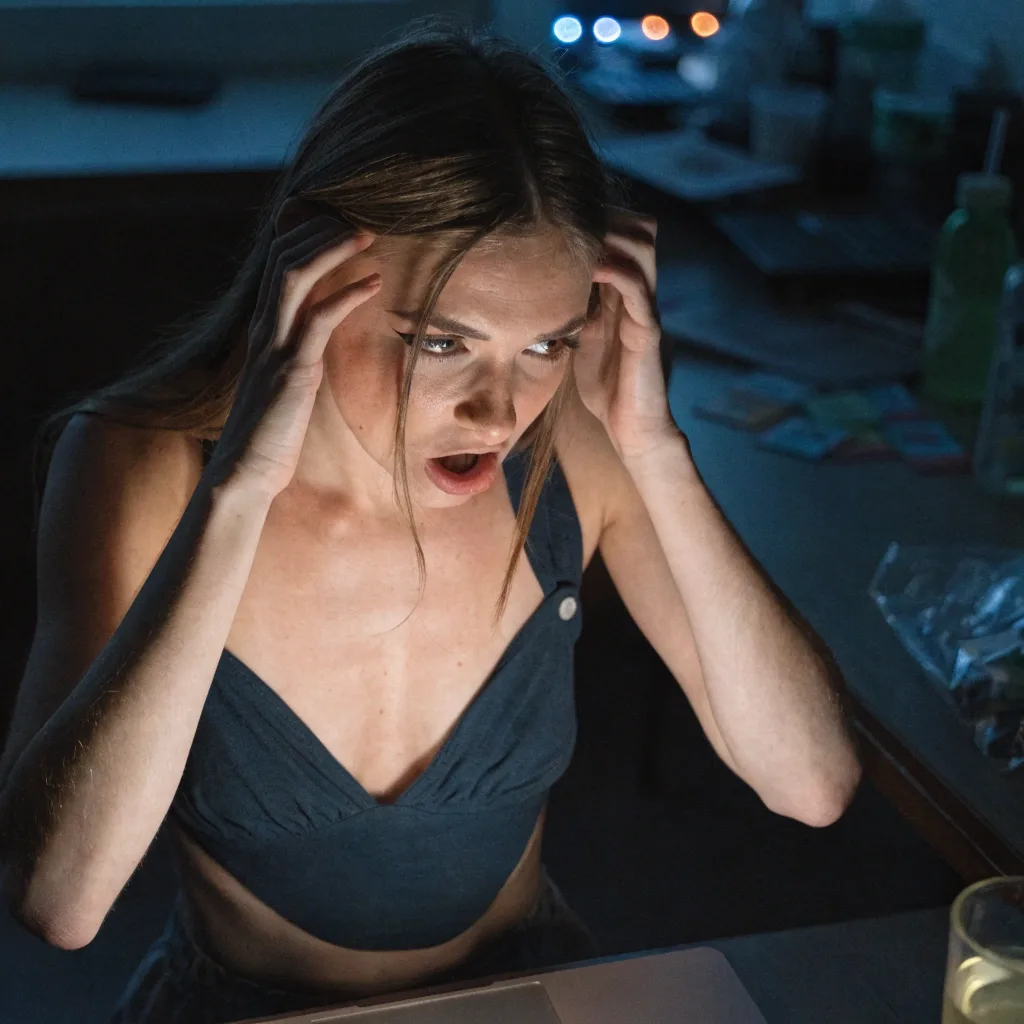 woman reacting with surprise at her screen
